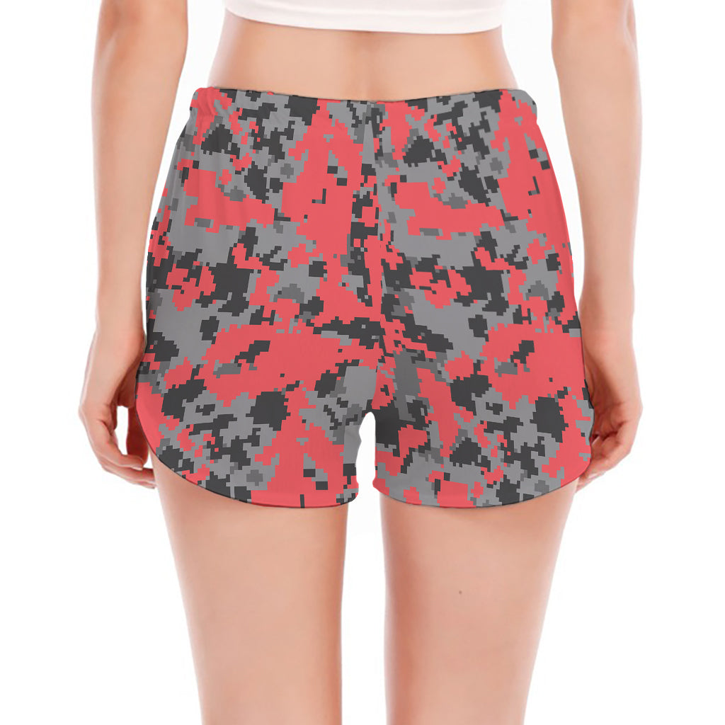 Red And Grey Digital Camo Pattern Print Women's Split Running Shorts