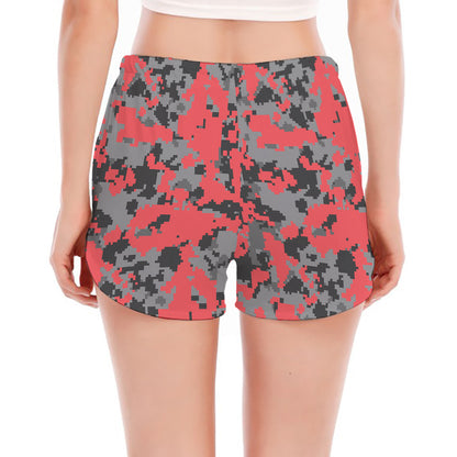 Red And Grey Digital Camo Pattern Print Women's Split Running Shorts