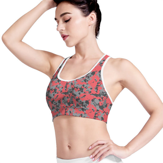 Red And Grey Digital Camo Pattern Print Women's Sports Bra
