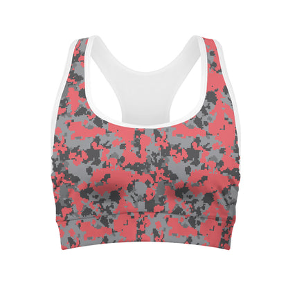 Red And Grey Digital Camo Pattern Print Women's Sports Bra