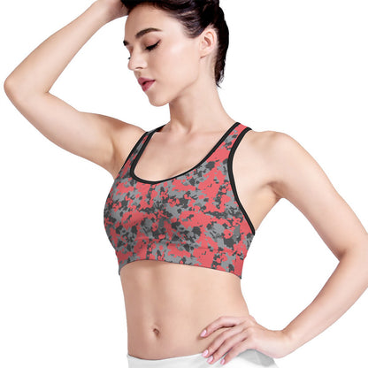 Red And Grey Digital Camo Pattern Print Women's Sports Bra