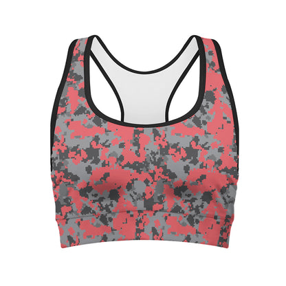 Red And Grey Digital Camo Pattern Print Women's Sports Bra