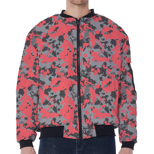 Red And Grey Digital Camo Pattern Print Zip Sleeve Bomber Jacket