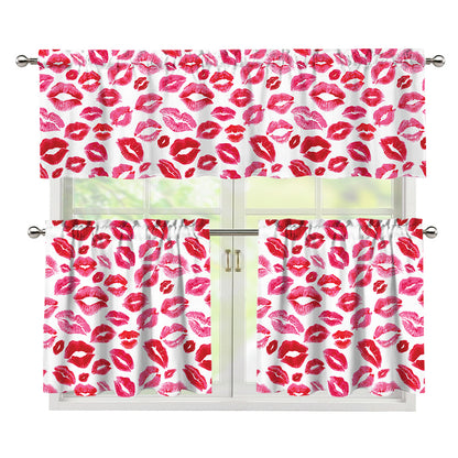 Red And Pink Lips Pattern Print 3 Piece Kitchen Curtains