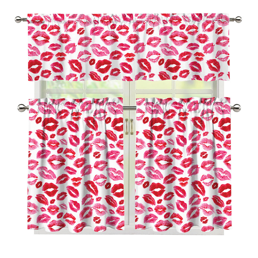 Red And Pink Lips Pattern Print 3 Piece Kitchen Curtains