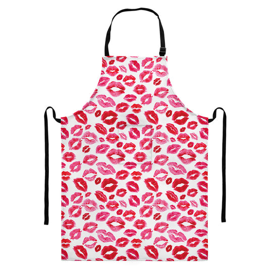 Red And Pink Lips Pattern Print Bib Apron With Pocket
