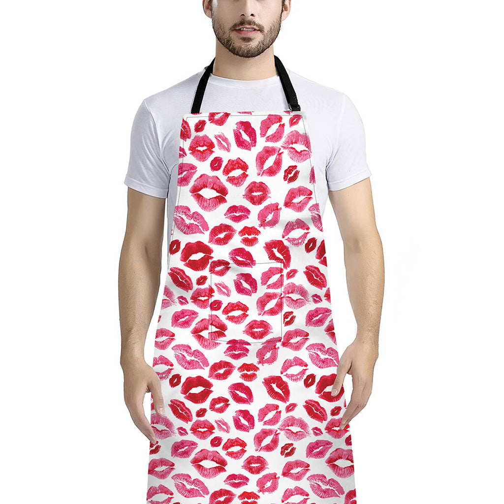 Red And Pink Lips Pattern Print Bib Apron With Pocket
