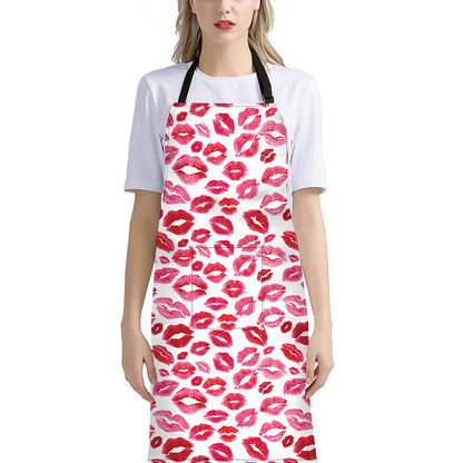 Red And Pink Lips Pattern Print Bib Apron With Pocket