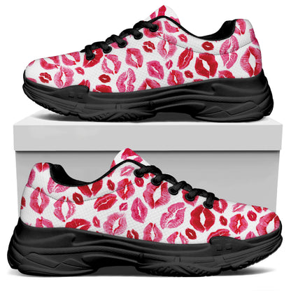 Red And Pink Lips Pattern Print Black Chunky Shoes