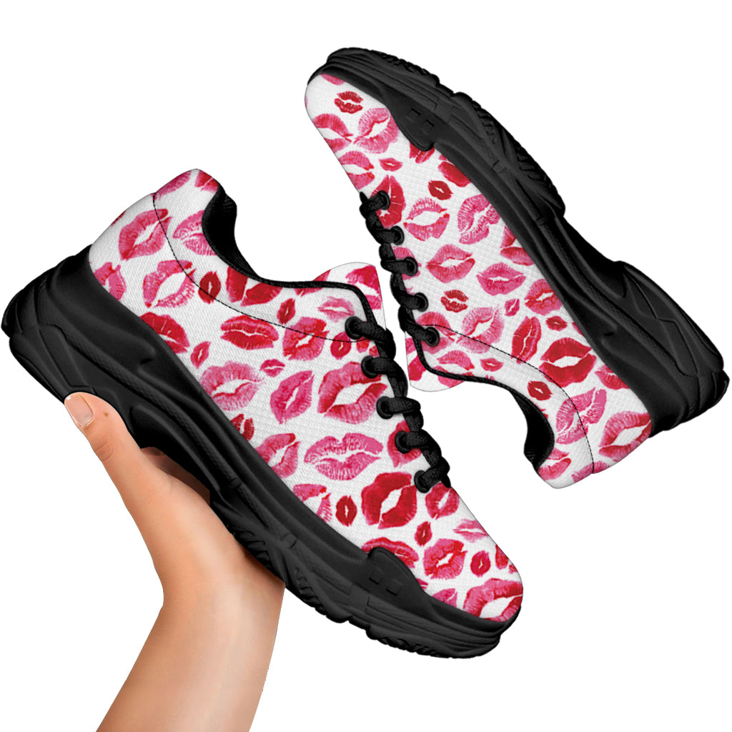 Red And Pink Lips Pattern Print Black Chunky Shoes