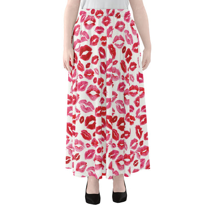 Red And Pink Lips Pattern Print Chiffon Maxi Skirt