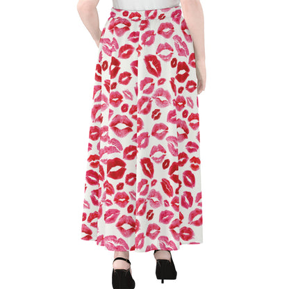 Red And Pink Lips Pattern Print Chiffon Maxi Skirt