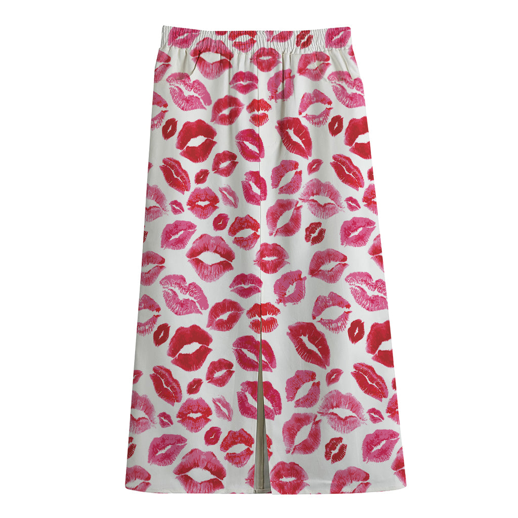Red And Pink Lips Pattern Print Cotton Front Slit Maxi Skirt