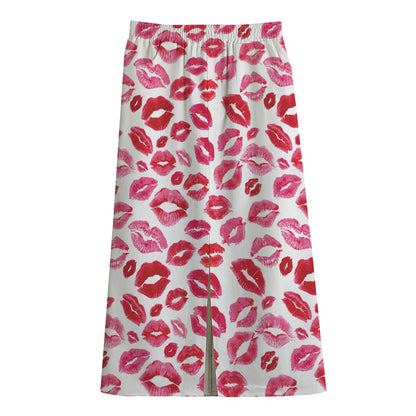Red And Pink Lips Pattern Print Cotton Front Slit Maxi Skirt