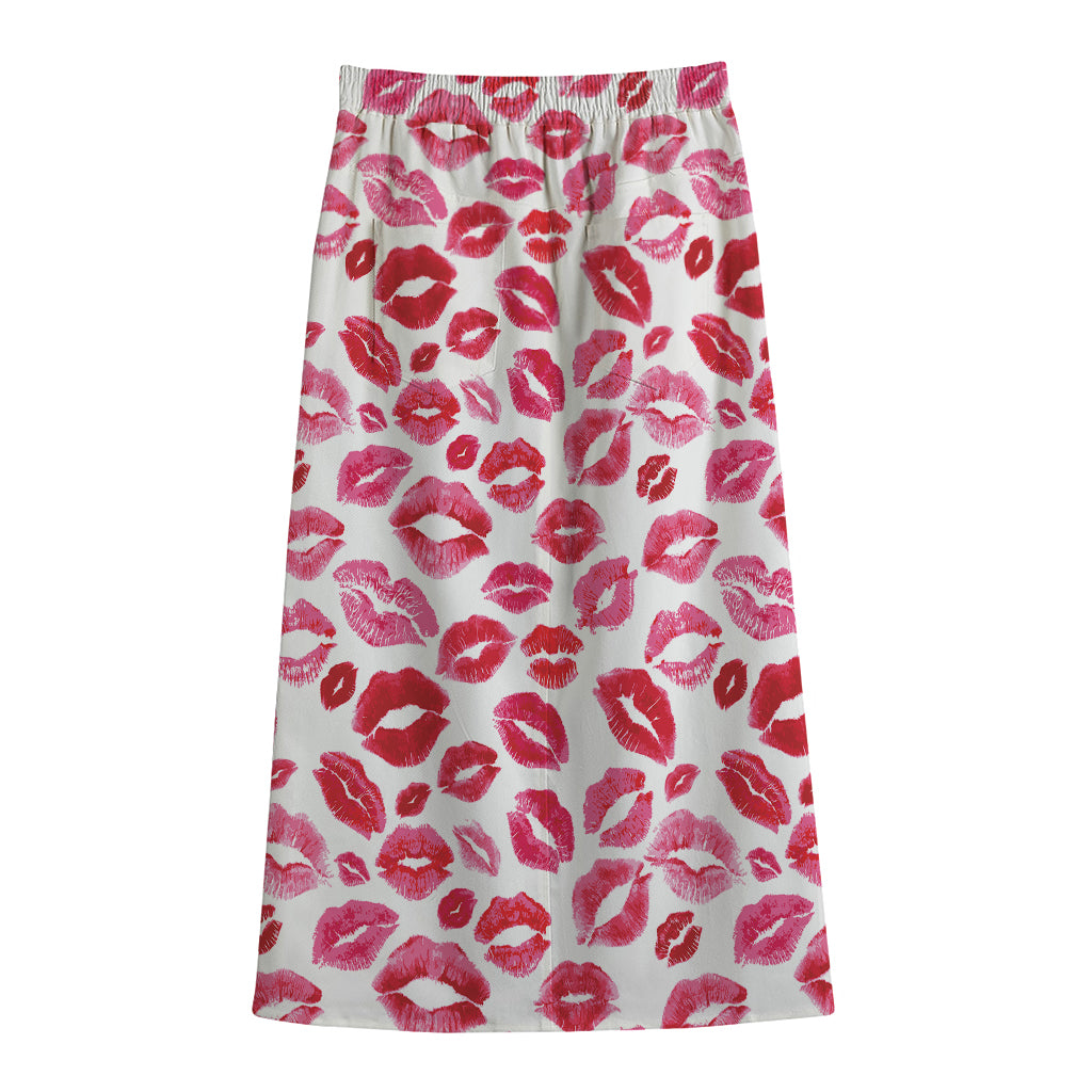 Red And Pink Lips Pattern Print Cotton Front Slit Maxi Skirt