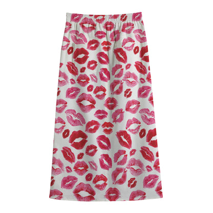 Red And Pink Lips Pattern Print Cotton Front Slit Maxi Skirt