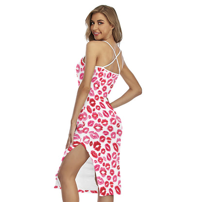 Red And Pink Lips Pattern Print Cross Back Cami Dress