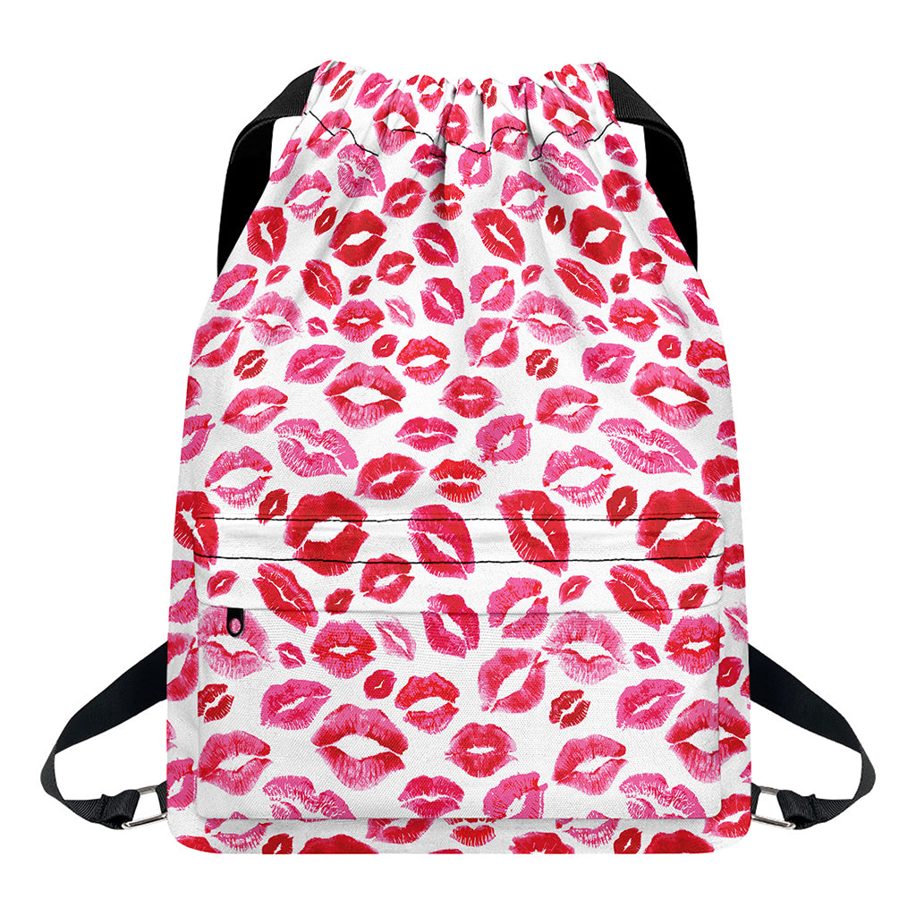 Red And Pink Lips Pattern Print Drawstring Backpack