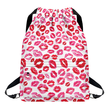 Red And Pink Lips Pattern Print Drawstring Backpack