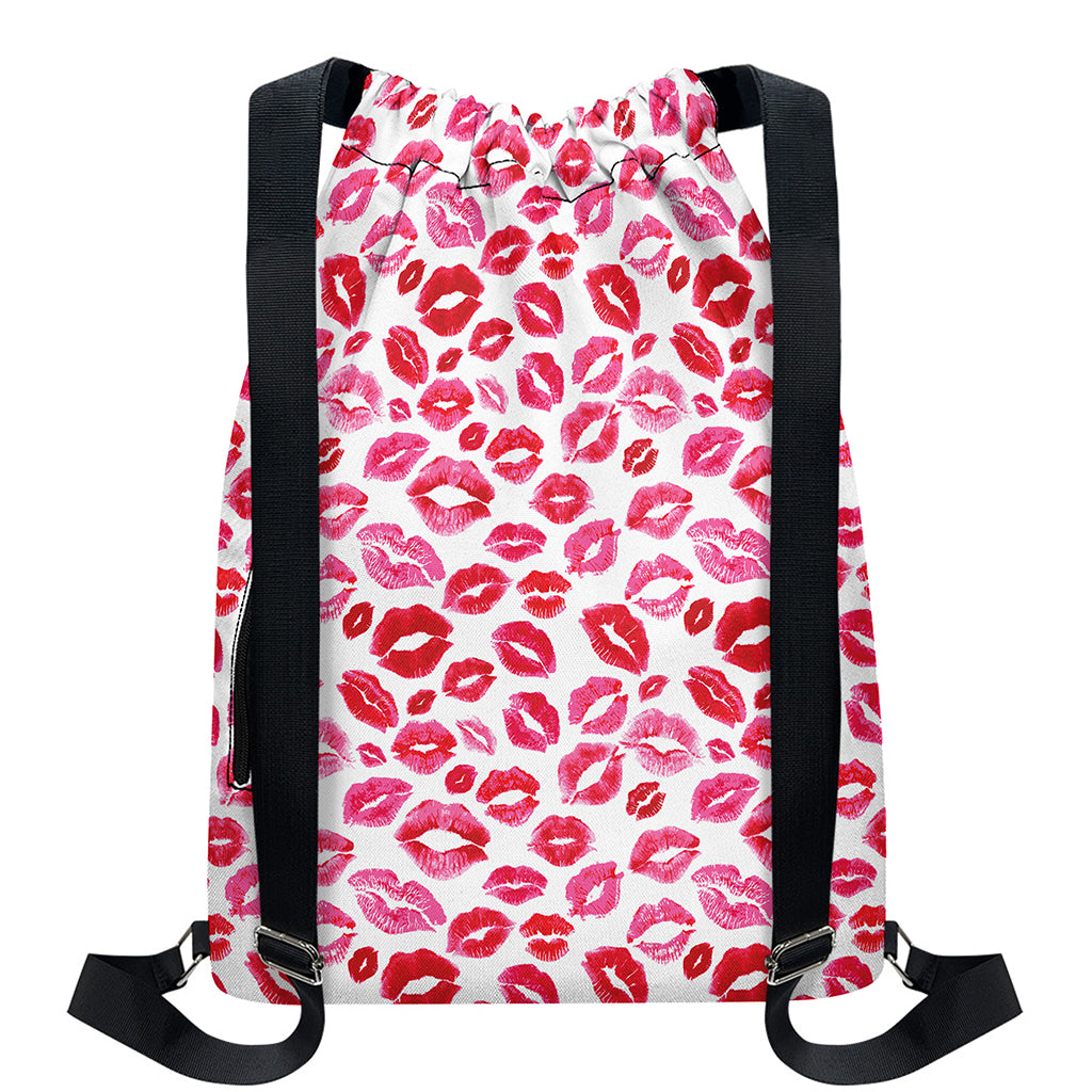 Red And Pink Lips Pattern Print Drawstring Backpack