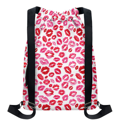 Red And Pink Lips Pattern Print Drawstring Backpack