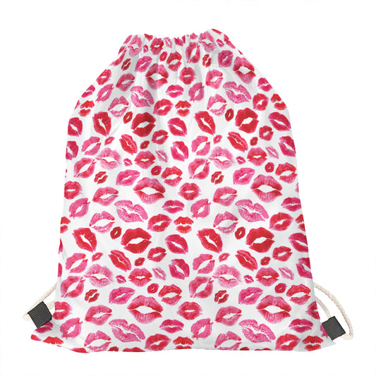 Red And Pink Lips Pattern Print Drawstring Bag