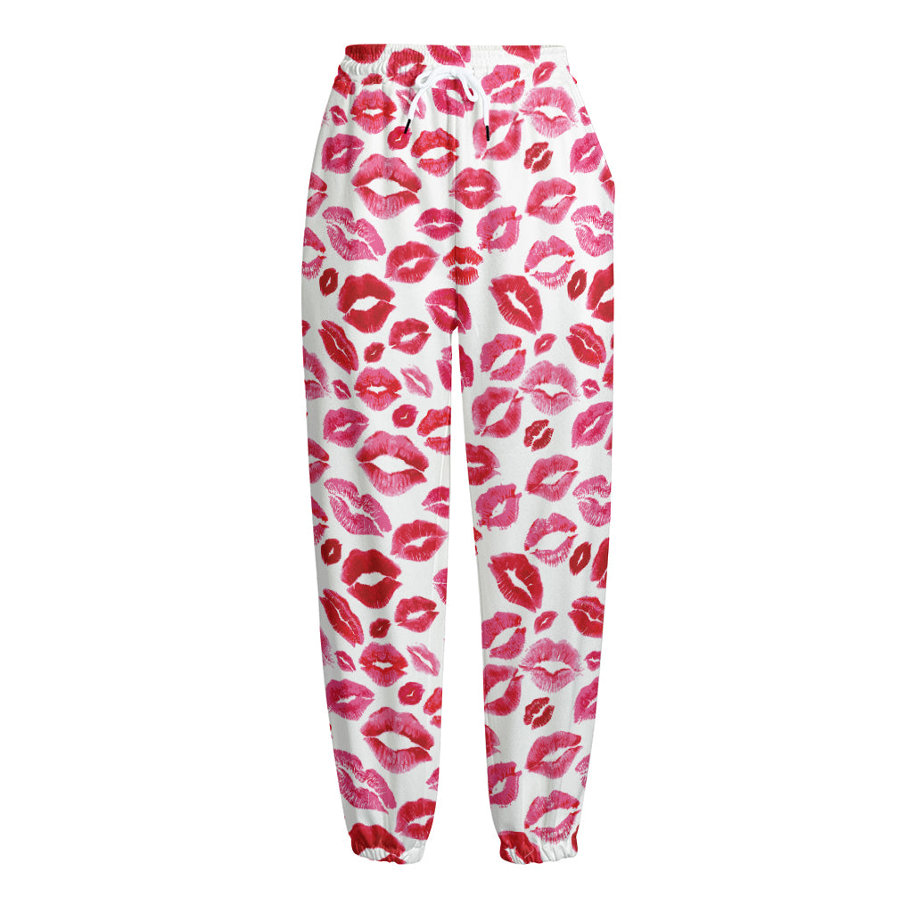 Red And Pink Lips Pattern Print Fleece Lined Knit Pants