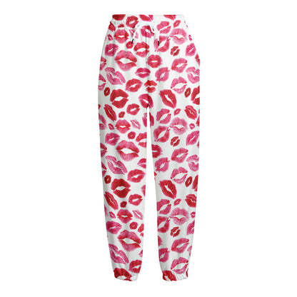 Red And Pink Lips Pattern Print Fleece Lined Knit Pants