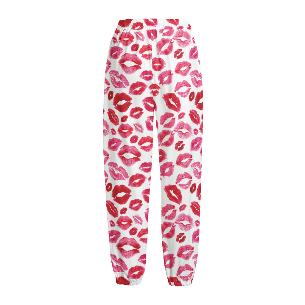 Red And Pink Lips Pattern Print Fleece Lined Knit Pants