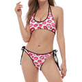 Red And Pink Lips Pattern Print Halter Scoop Tie Side Bikini