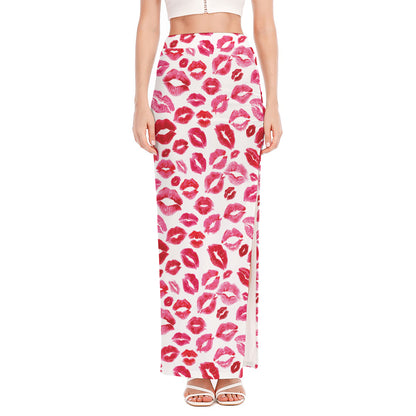 Red And Pink Lips Pattern Print High Slit Maxi Skirt