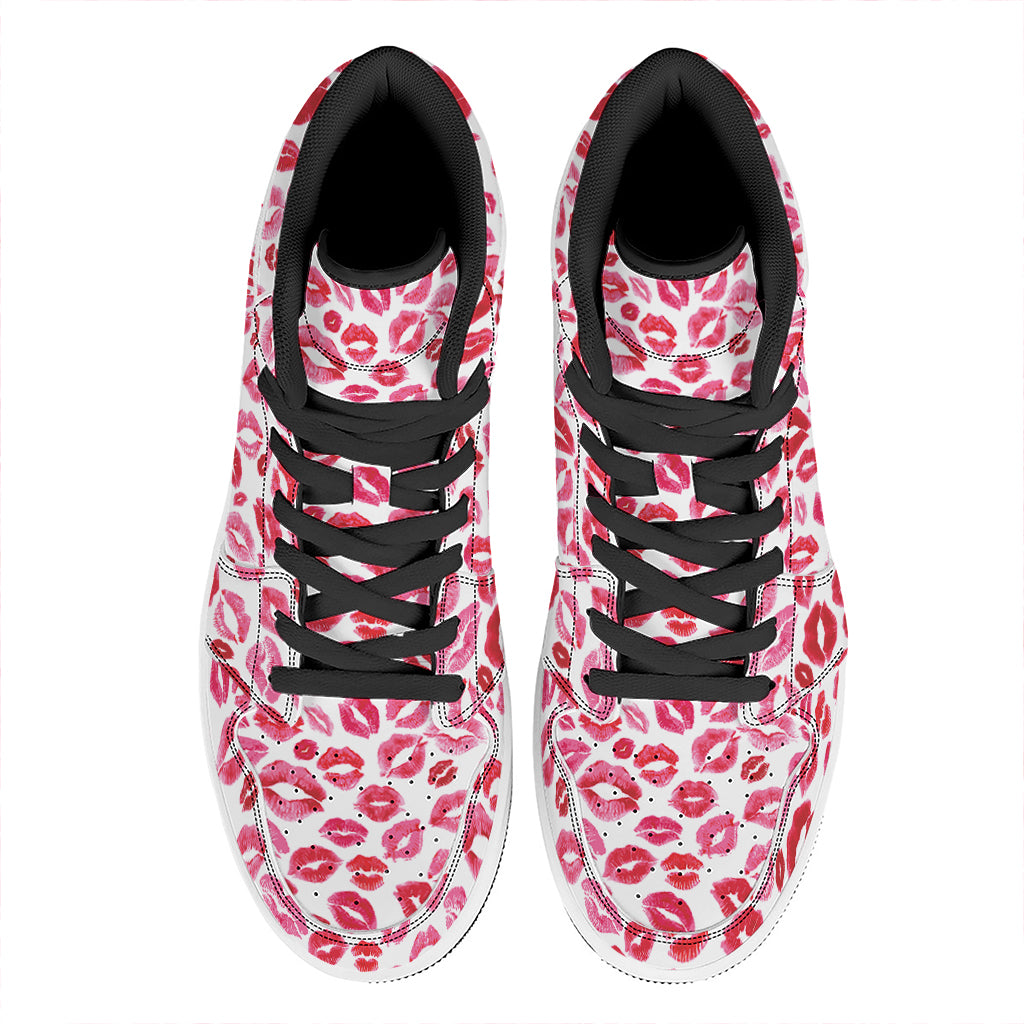 Red And Pink Lips Pattern Print High Top Leather Sneakers