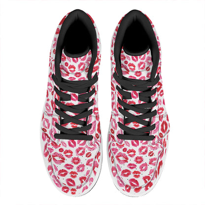 Red And Pink Lips Pattern Print High Top Leather Sneakers