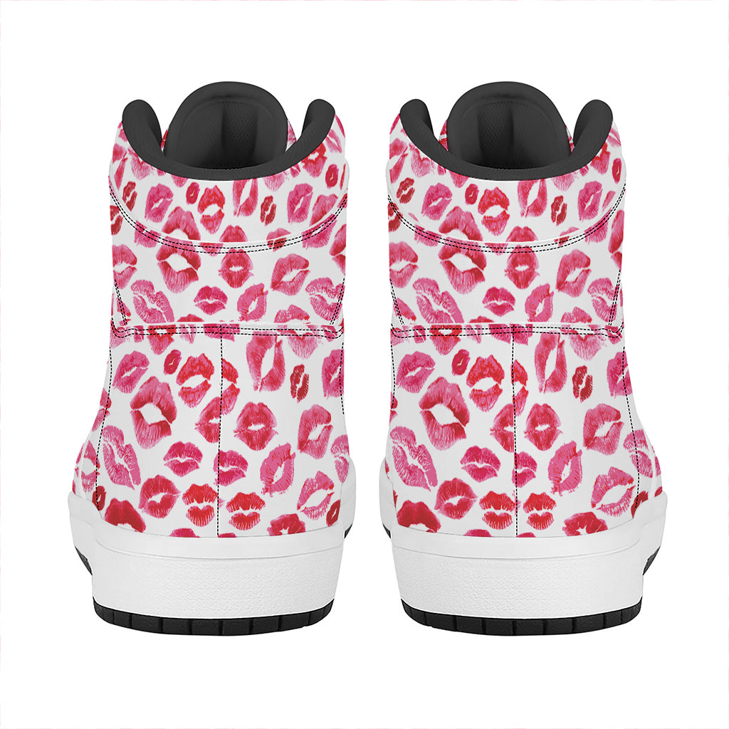 Red And Pink Lips Pattern Print High Top Leather Sneakers