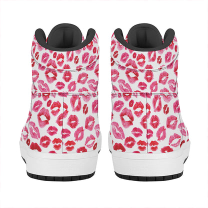 Red And Pink Lips Pattern Print High Top Leather Sneakers