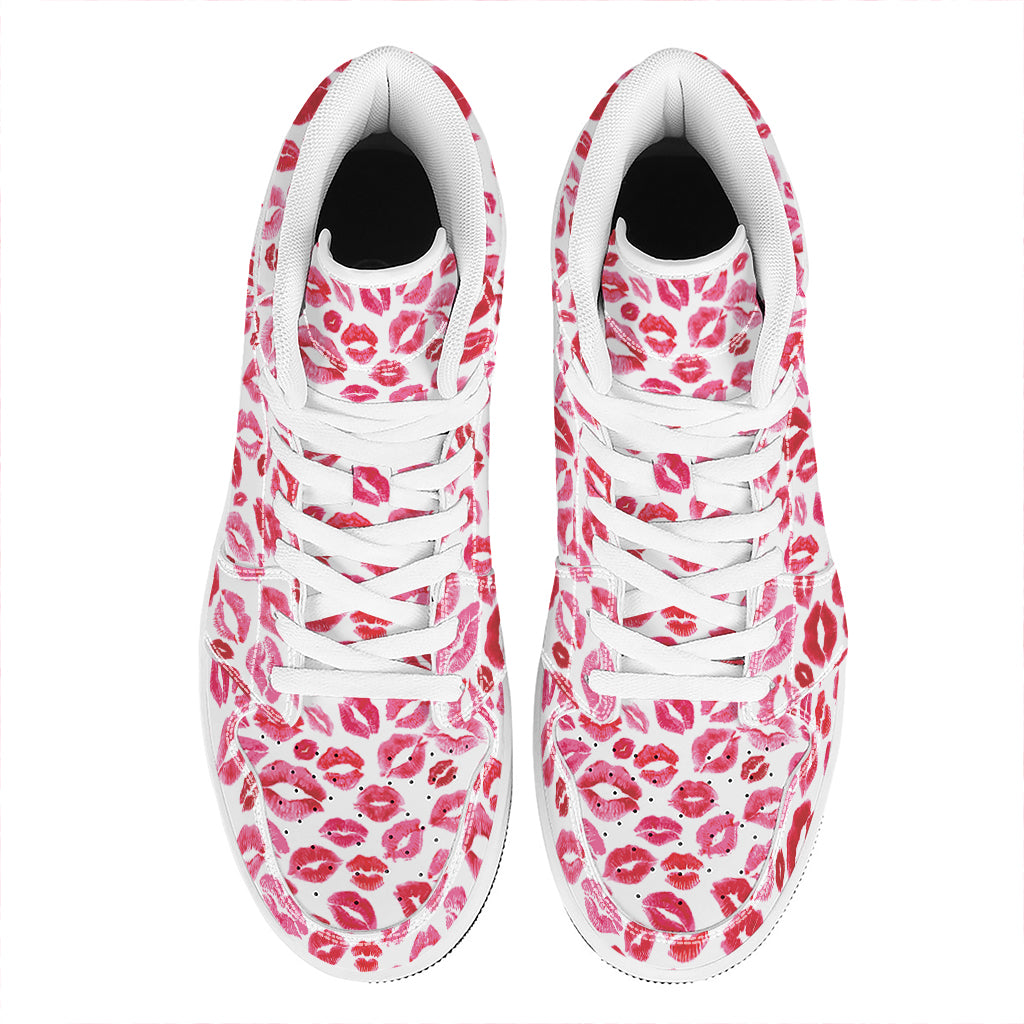 Red And Pink Lips Pattern Print High Top Leather Sneakers