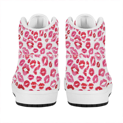 Red And Pink Lips Pattern Print High Top Leather Sneakers