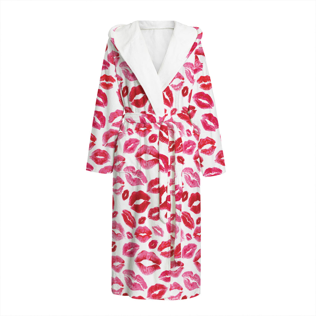 Red And Pink Lips Pattern Print Hooded Bathrobe