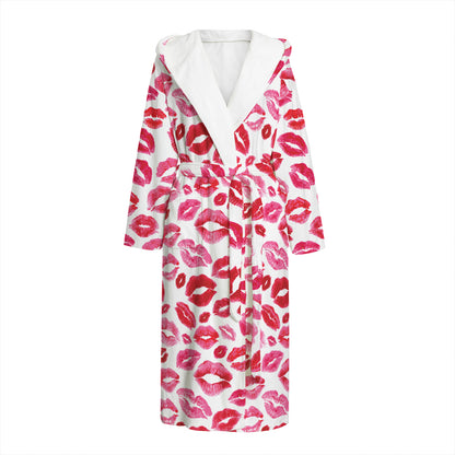 Red And Pink Lips Pattern Print Hooded Bathrobe