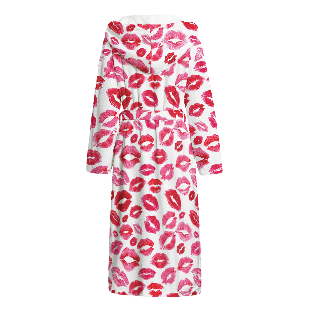 Red And Pink Lips Pattern Print Hooded Bathrobe
