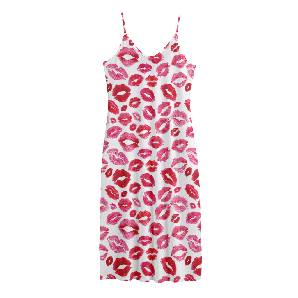 Red And Pink Lips Pattern Print Jersey Midi Cami Dress