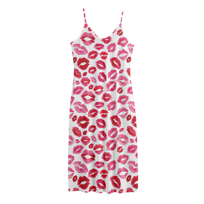 Red And Pink Lips Pattern Print Jersey Midi Cami Dress