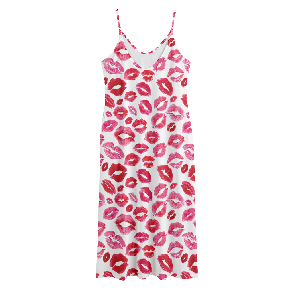 Red And Pink Lips Pattern Print Jersey Midi Cami Dress