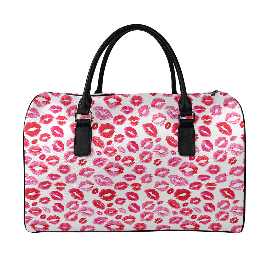 Red And Pink Lips Pattern Print Leather Duffle Bag