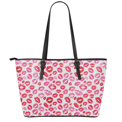 Red And Pink Lips Pattern Print Leather Tote Bag