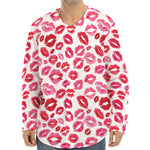 Red And Pink Lips Pattern Print Long Sleeve Baseball Jersey