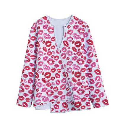 Red And Pink Lips Pattern Print Long Sleeve Short Coat