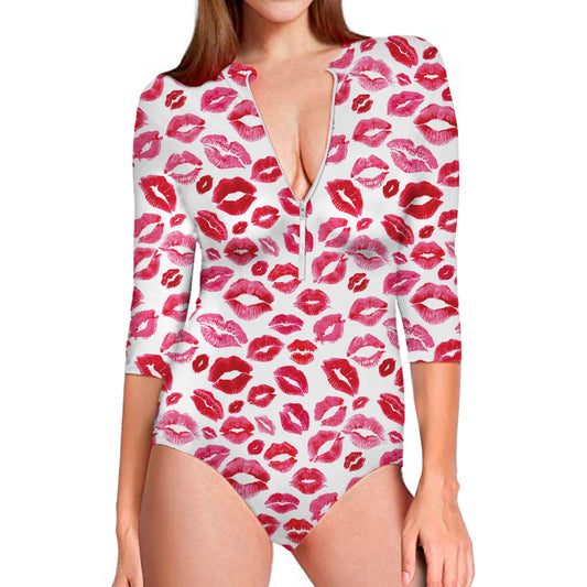 Red And Pink Lips Pattern Print Long Sleeve Swimsuit