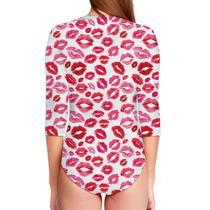 Red And Pink Lips Pattern Print Long Sleeve Swimsuit