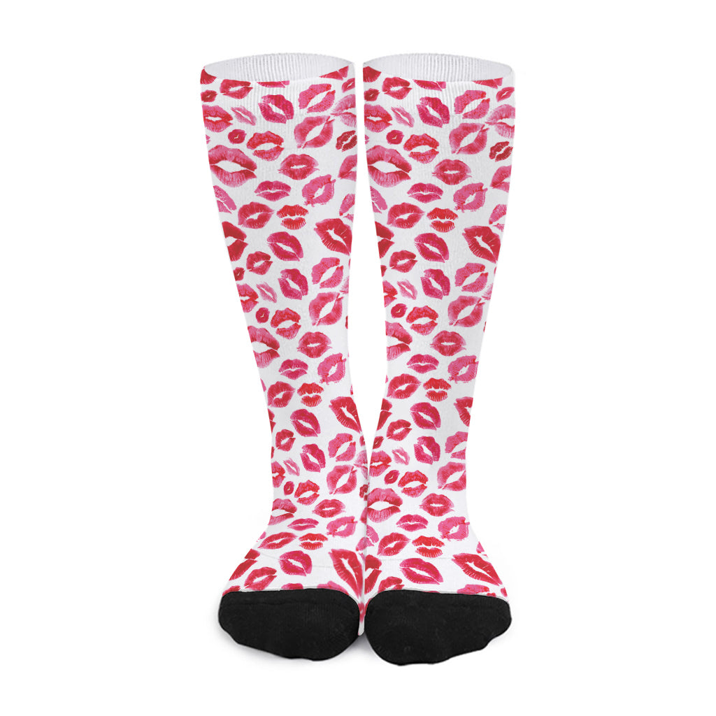 Red And Pink Lips Pattern Print Long Socks